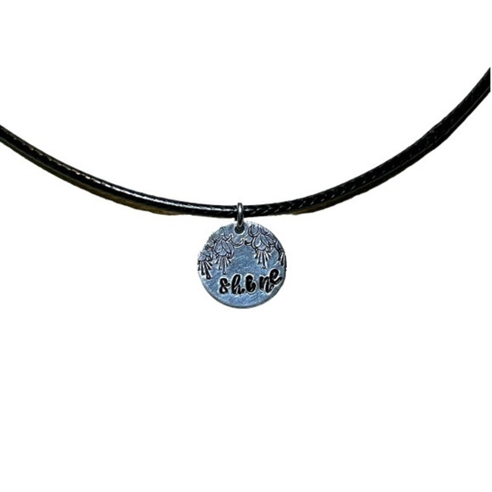 Handmade stamped floral motivational silver pendant Black leather cord necklace‎
